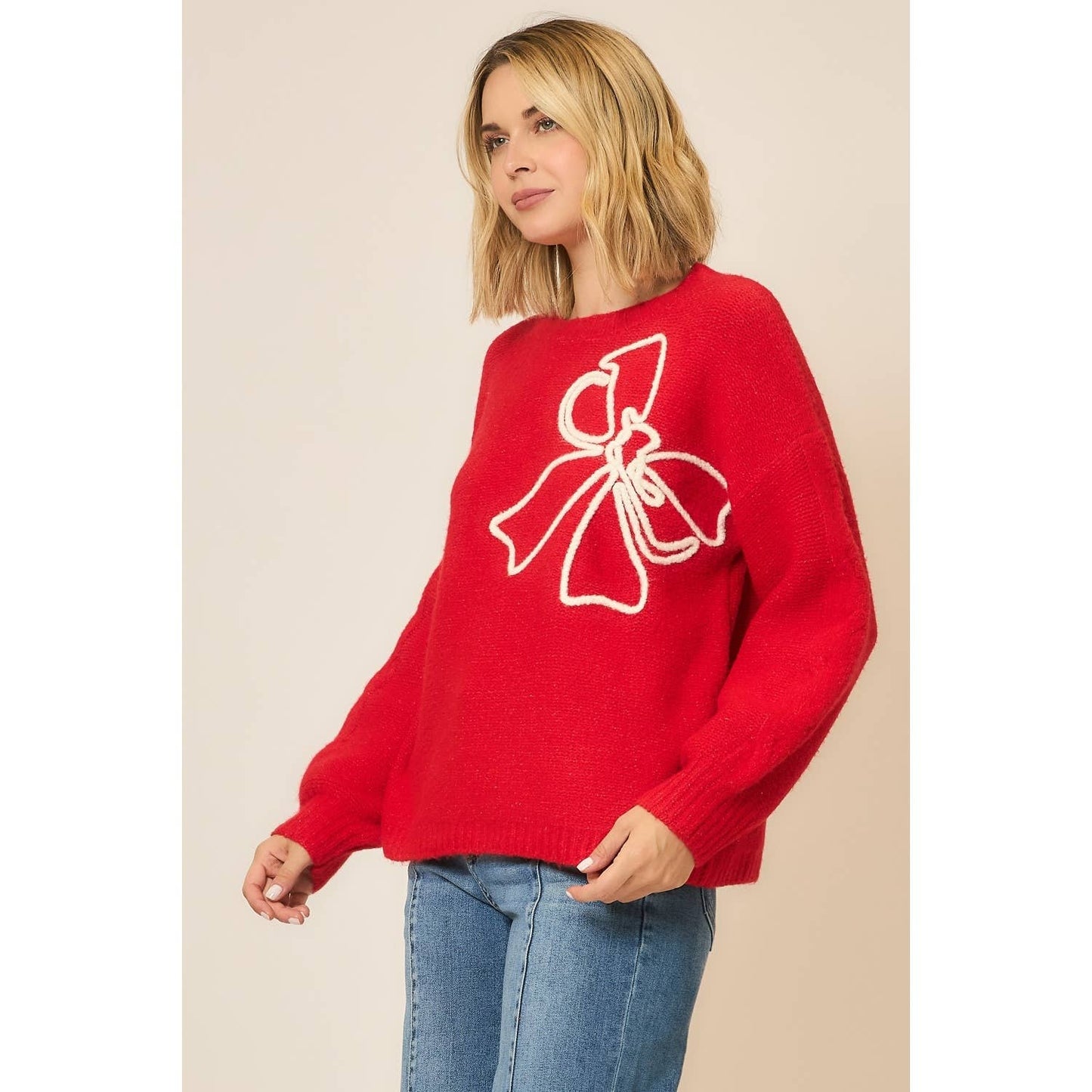 Soft Brushed Embroidered Bow Knit Sweater