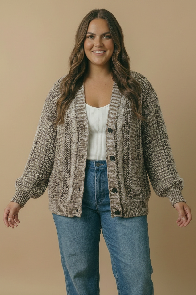 Two-Tone Chunky Cable Knit Button-Down Cardigan