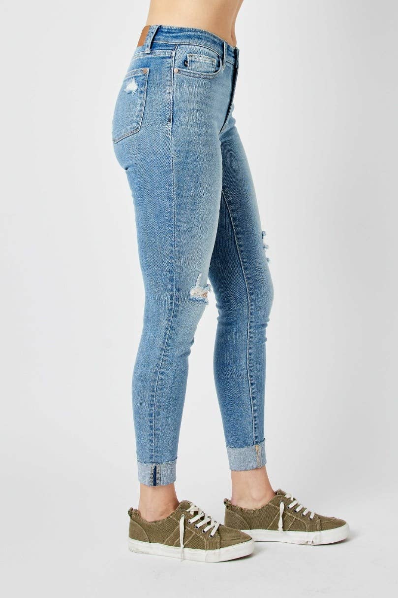 Judy Blue Mid-Rise Destroyed Skinny Jeans – Medium Wash Cuffed Ankle Denim