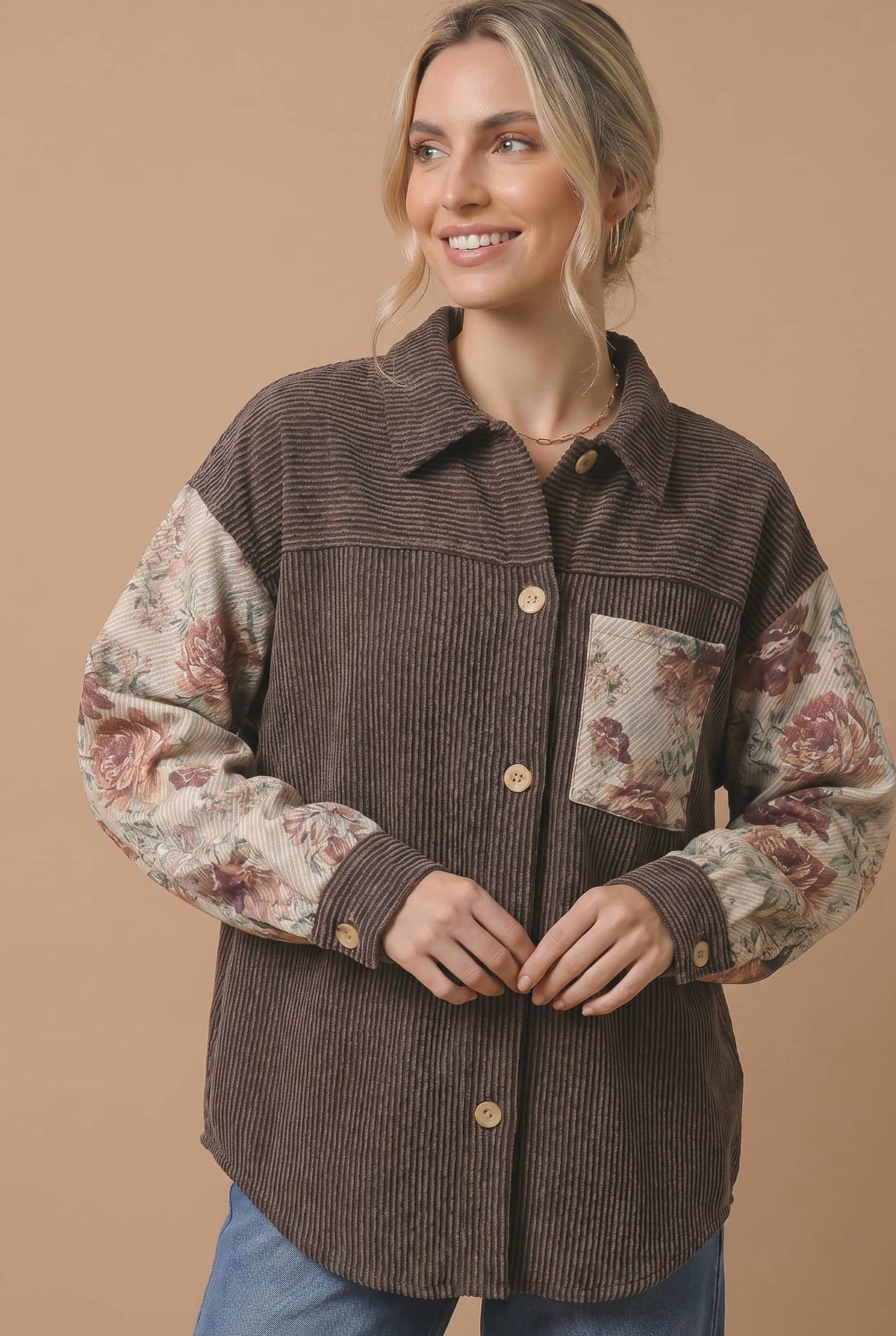 Vintage Floral Color Block Ribbed Button-Down Shacket