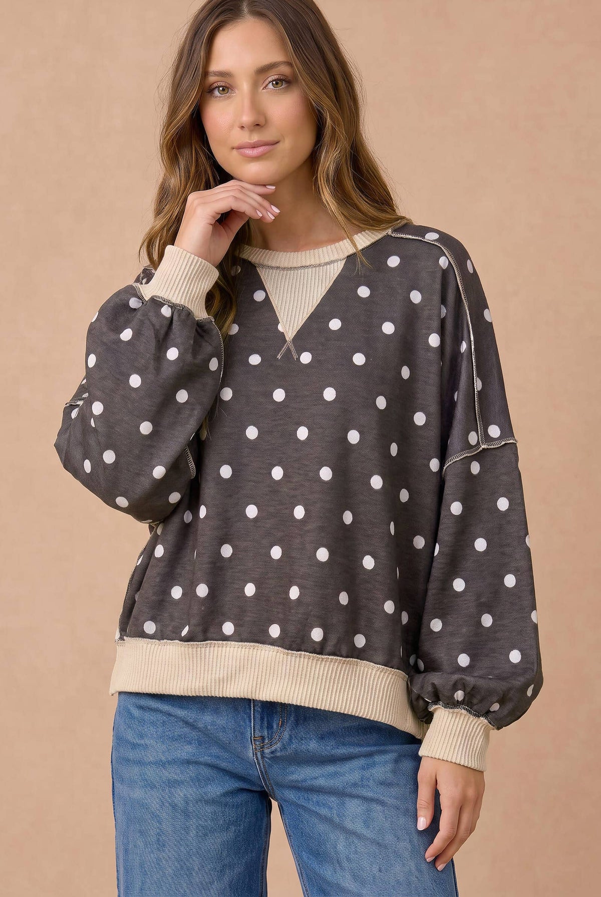 Charcoal Polka Dot Contrast Pullover