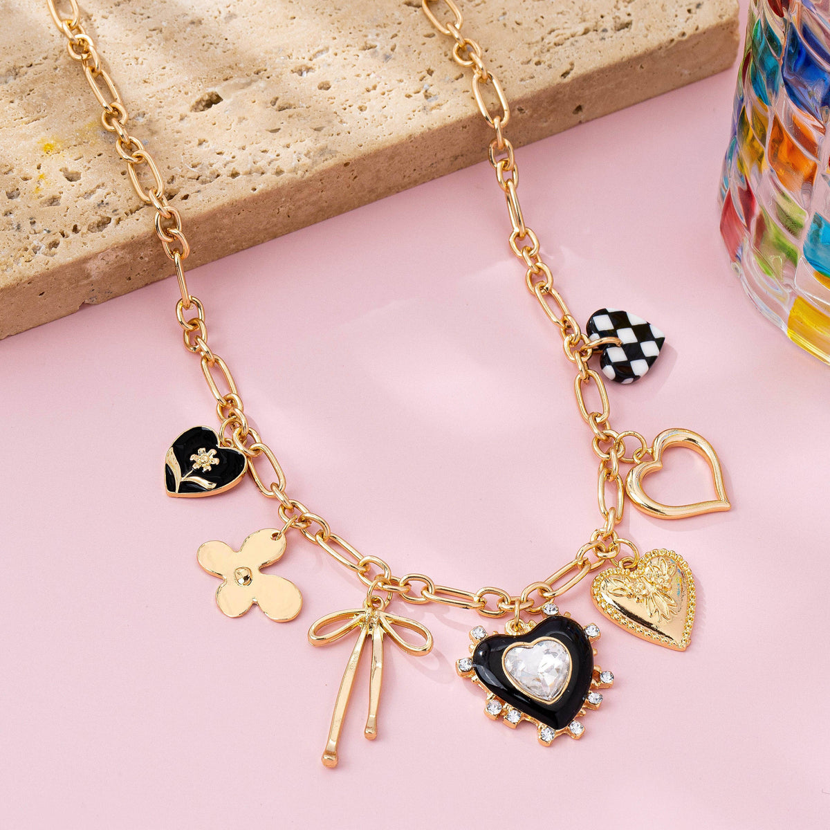 Golden Checkered Heart Charm Necklace