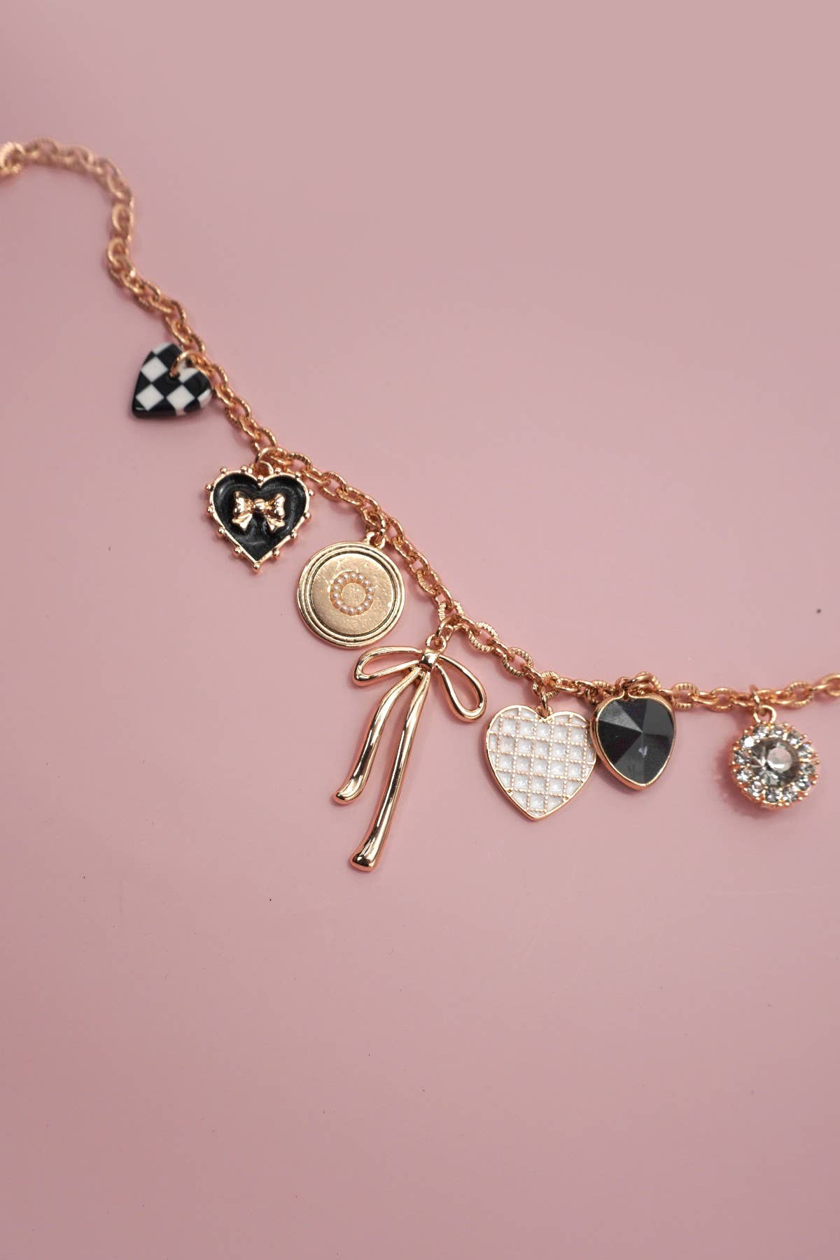 Checkered Hearts & Bows Charm Necklace