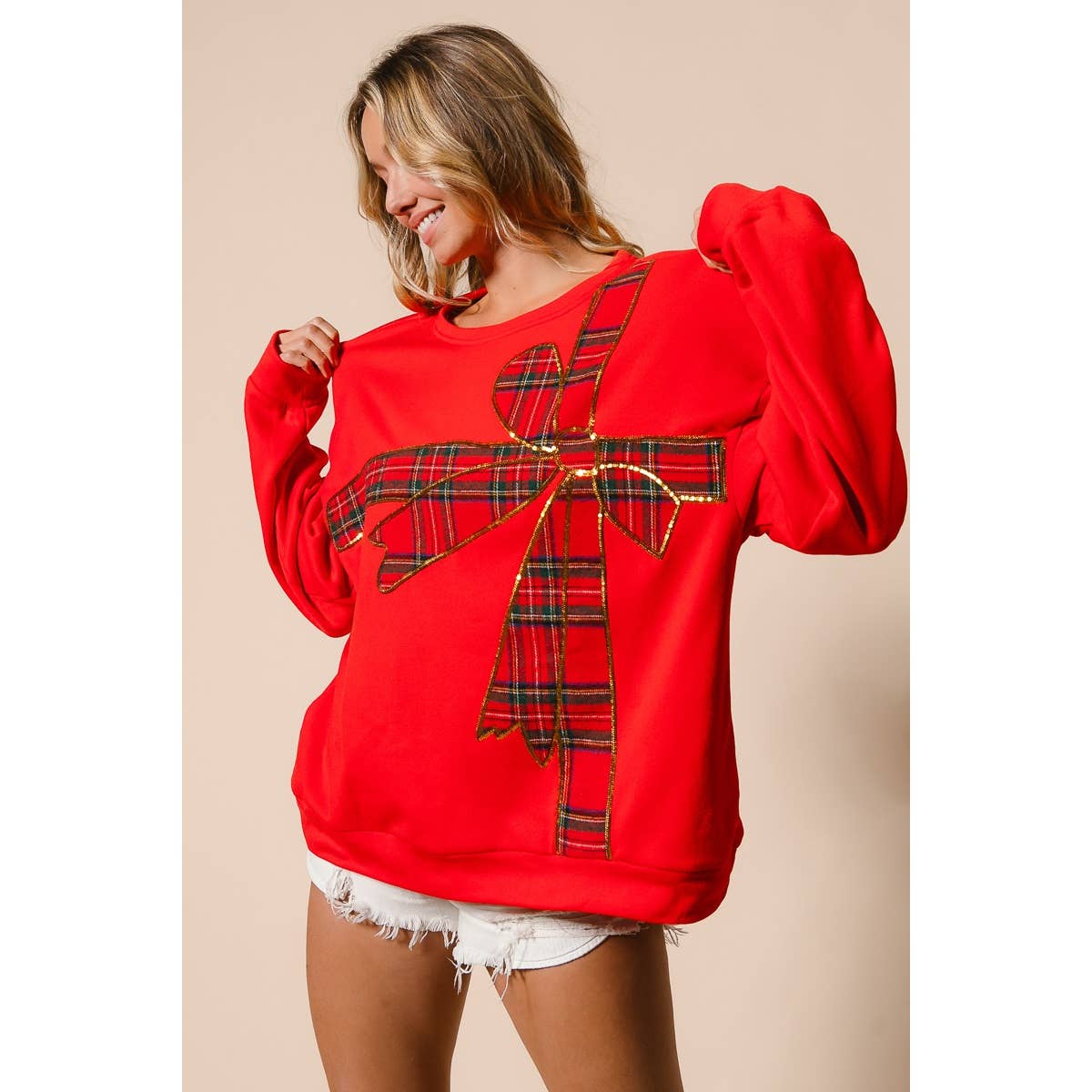Christmas Plaid Bow Oversized Fleece Sweatshirt