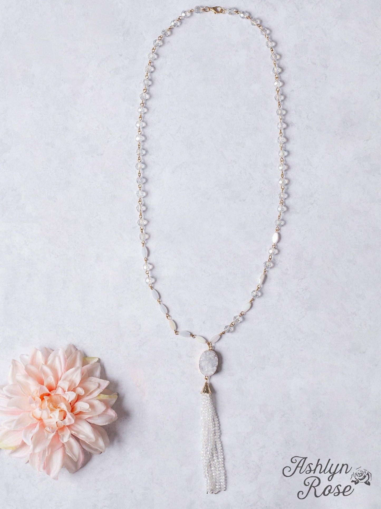 Glamour's Always White Druzy Stone Pendant & Clear Beaded Tassel Necklace