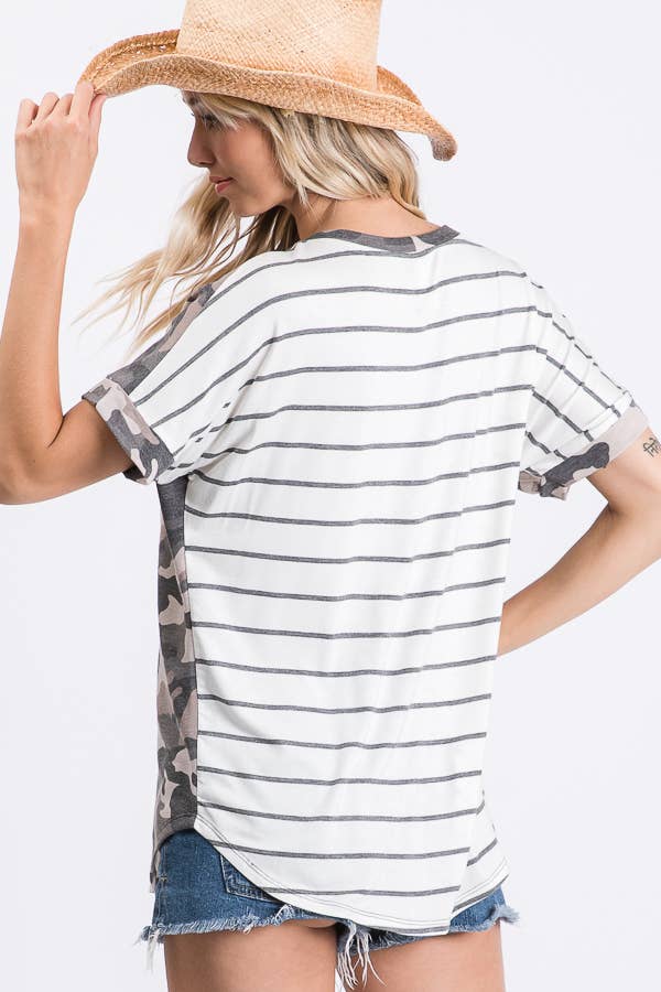 Camo Print Pocket Top – Women’s Striped Short Sleeve Casual Tee