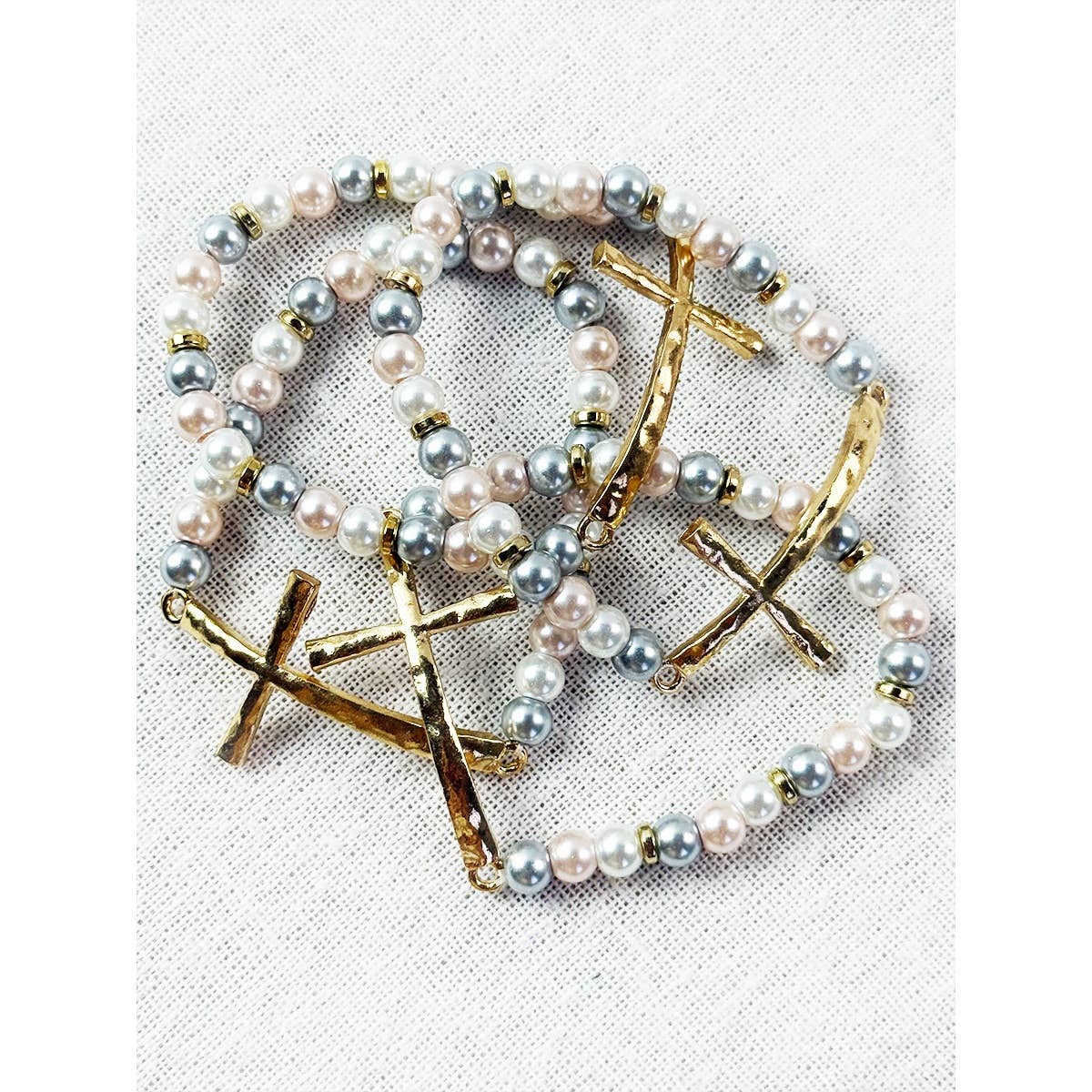 Hammered Cross Beaded Stretch Bracelet