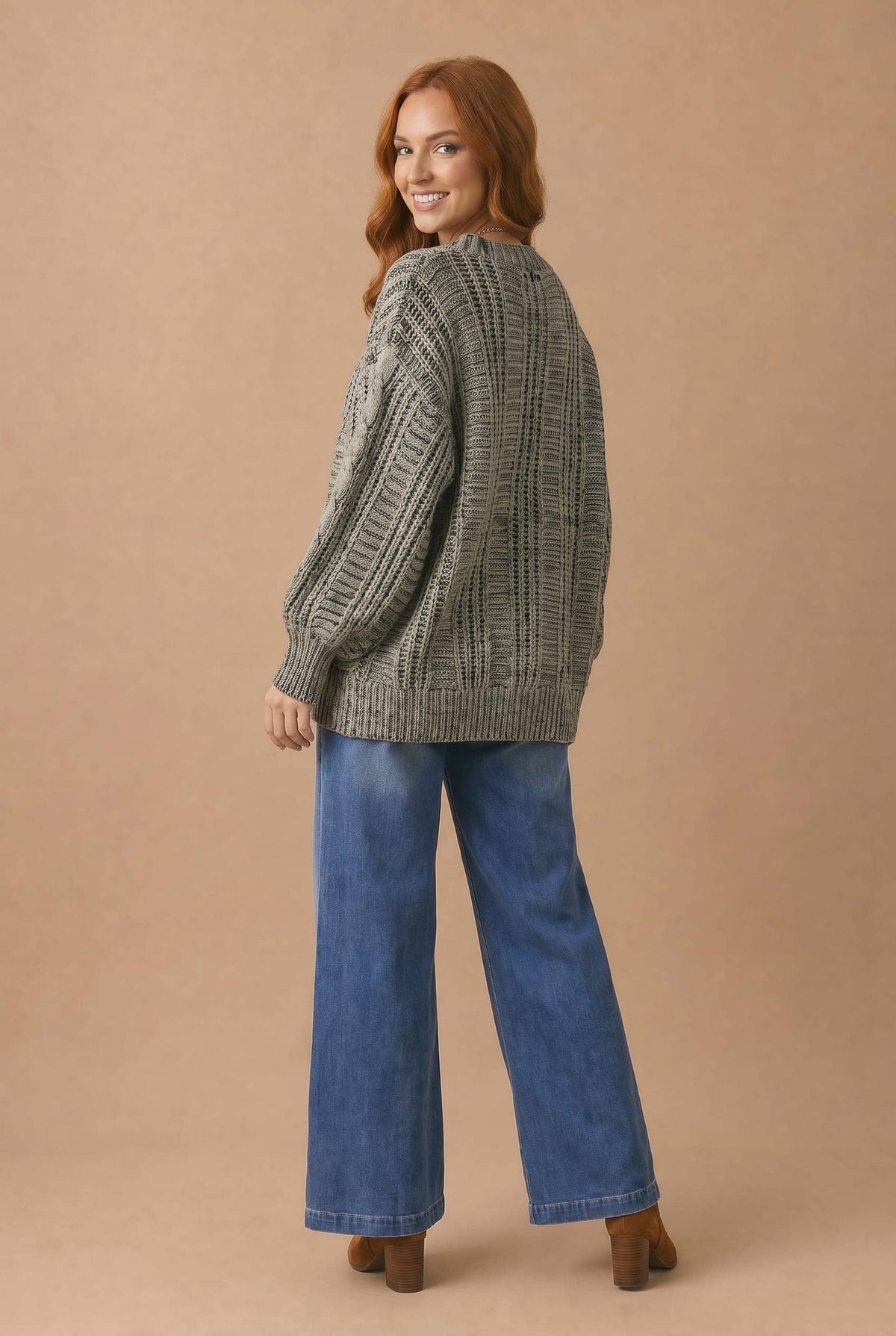 Two-Tone Chunky Cable Knit Button-Down Cardigan