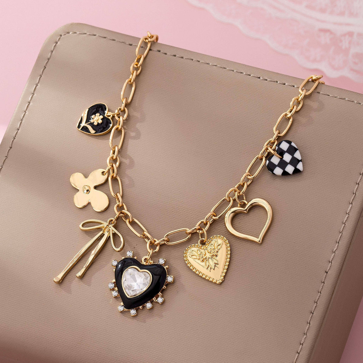 Golden Checkered Heart Charm Necklace
