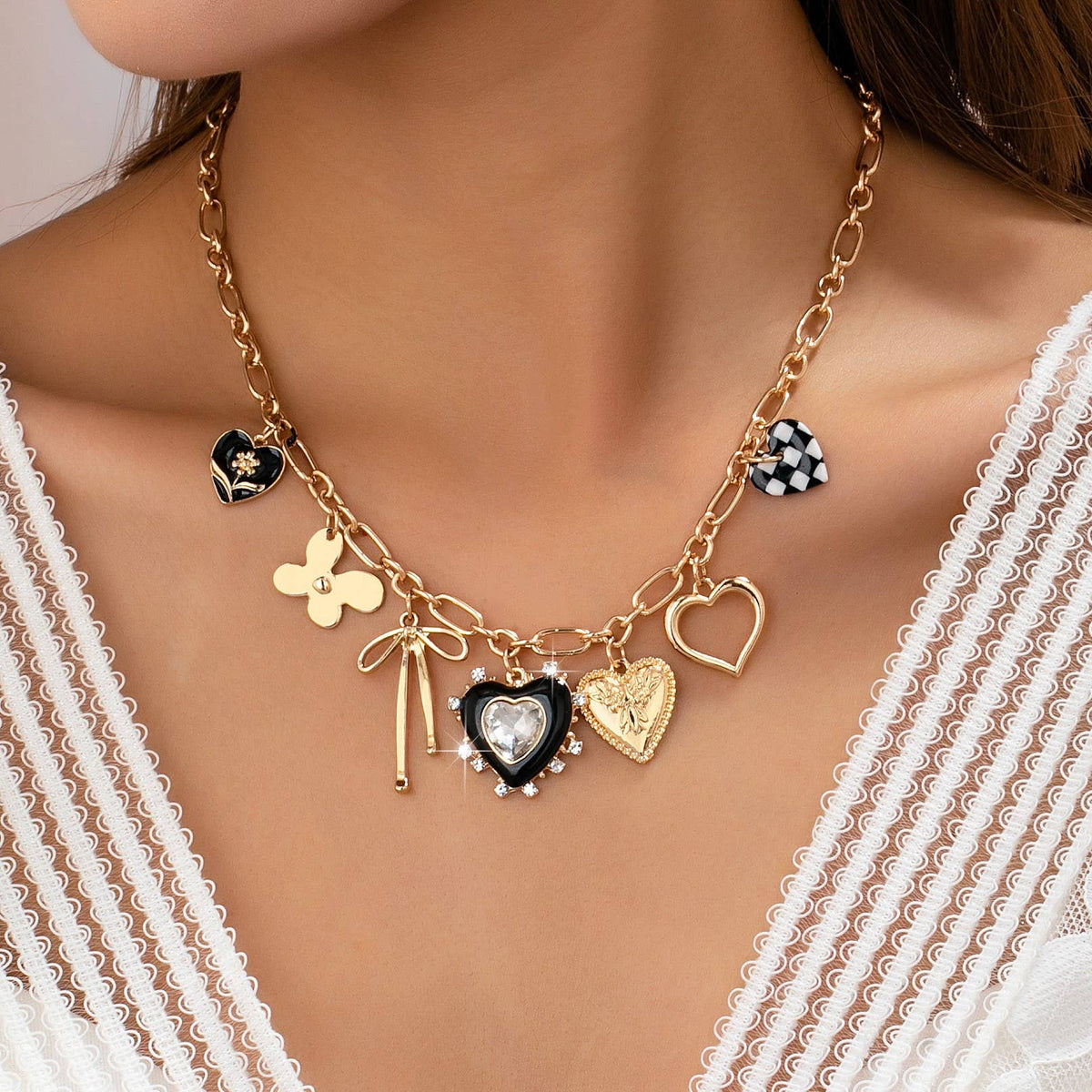 Golden Checkered Heart Charm Necklace