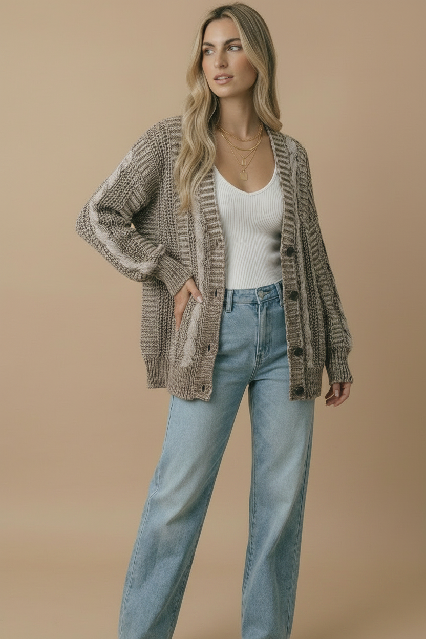 Two-Tone Chunky Cable Knit Button-Down Cardigan