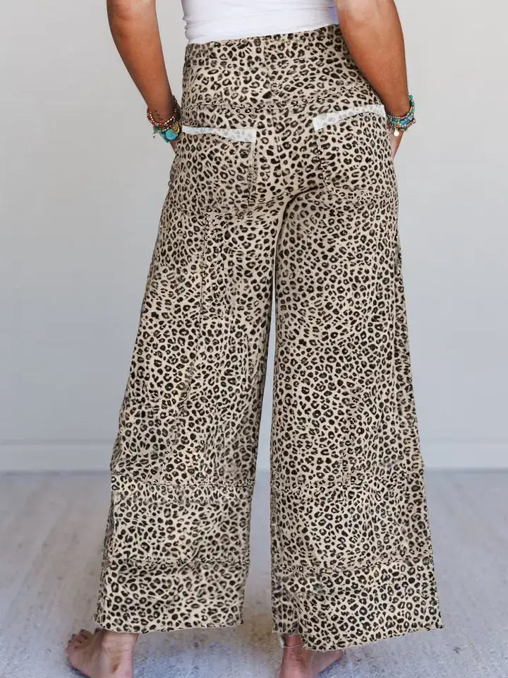 Leopard Animal Print Wide Leg Terry Knit Pants