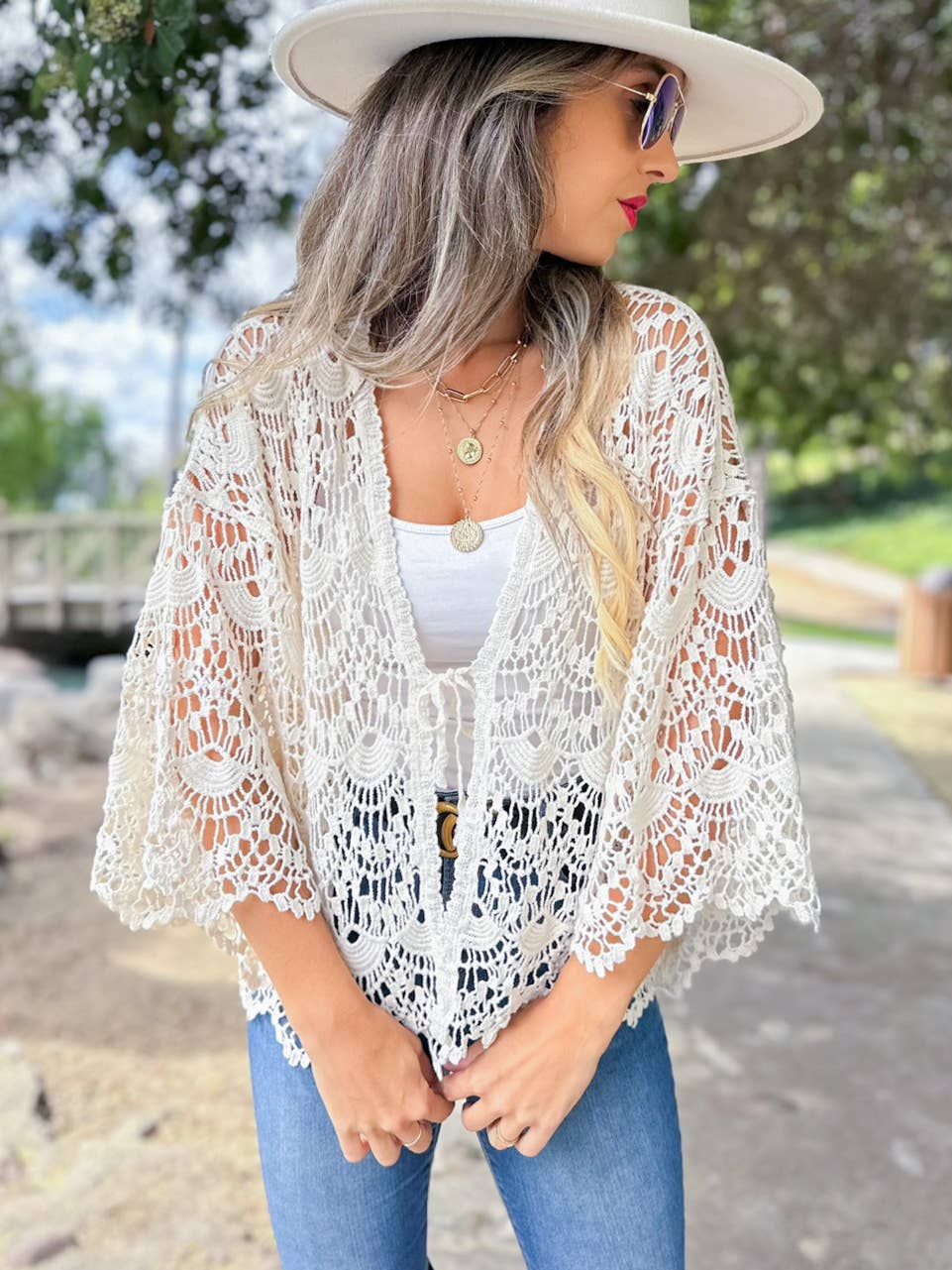 Boho Scallop Pattern Open Front Crochet Cardigan