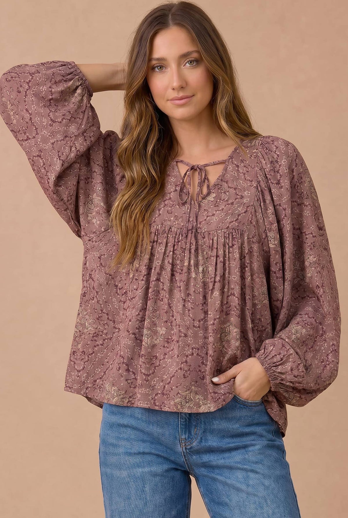 Mauve Floral Boho Peasant Blouse