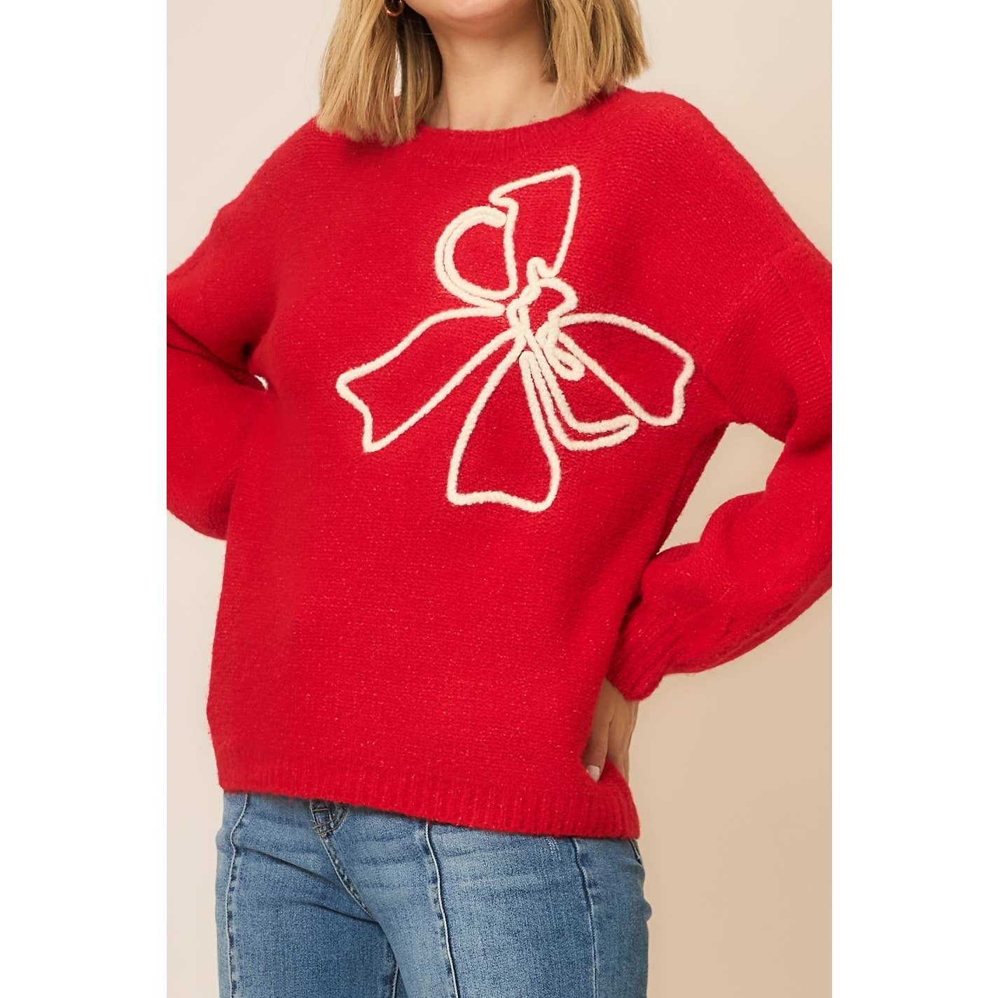 Soft Brushed Embroidered Bow Knit Sweater