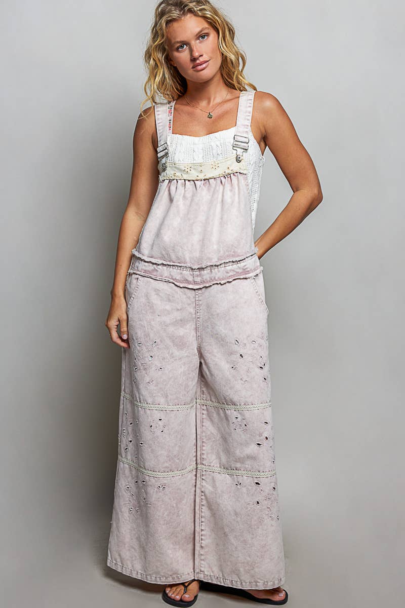 Laser-Cut Trim Accent Twill Denim Wide Leg Overalls