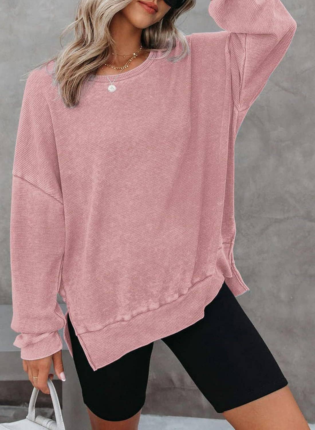 Solid Waffle Top Casual Oversized Drop Shoulder Pullover