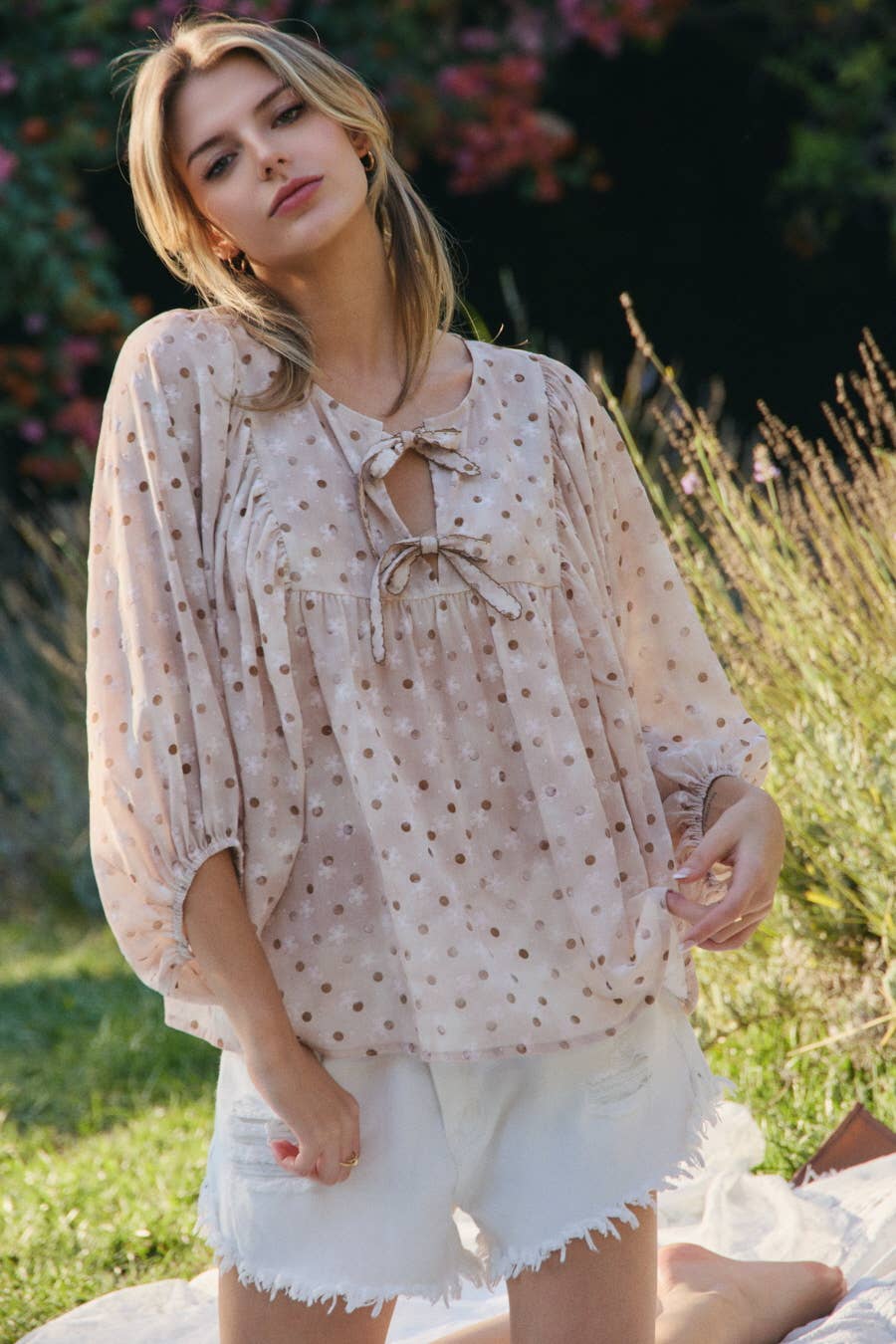 Free Spirit Dotted Tie-Front Blouse