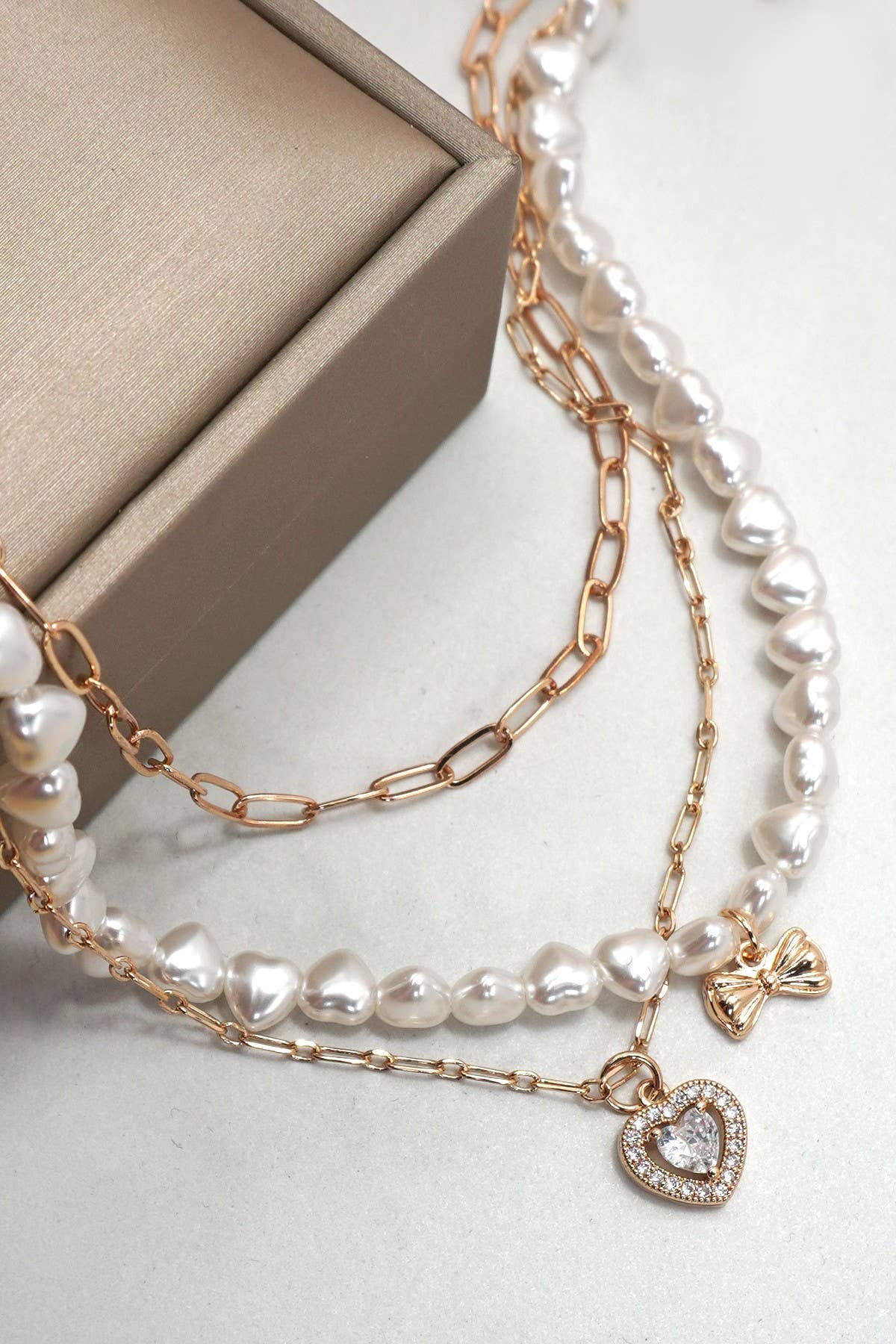 Pearl & Bow Layered Heart Necklace
