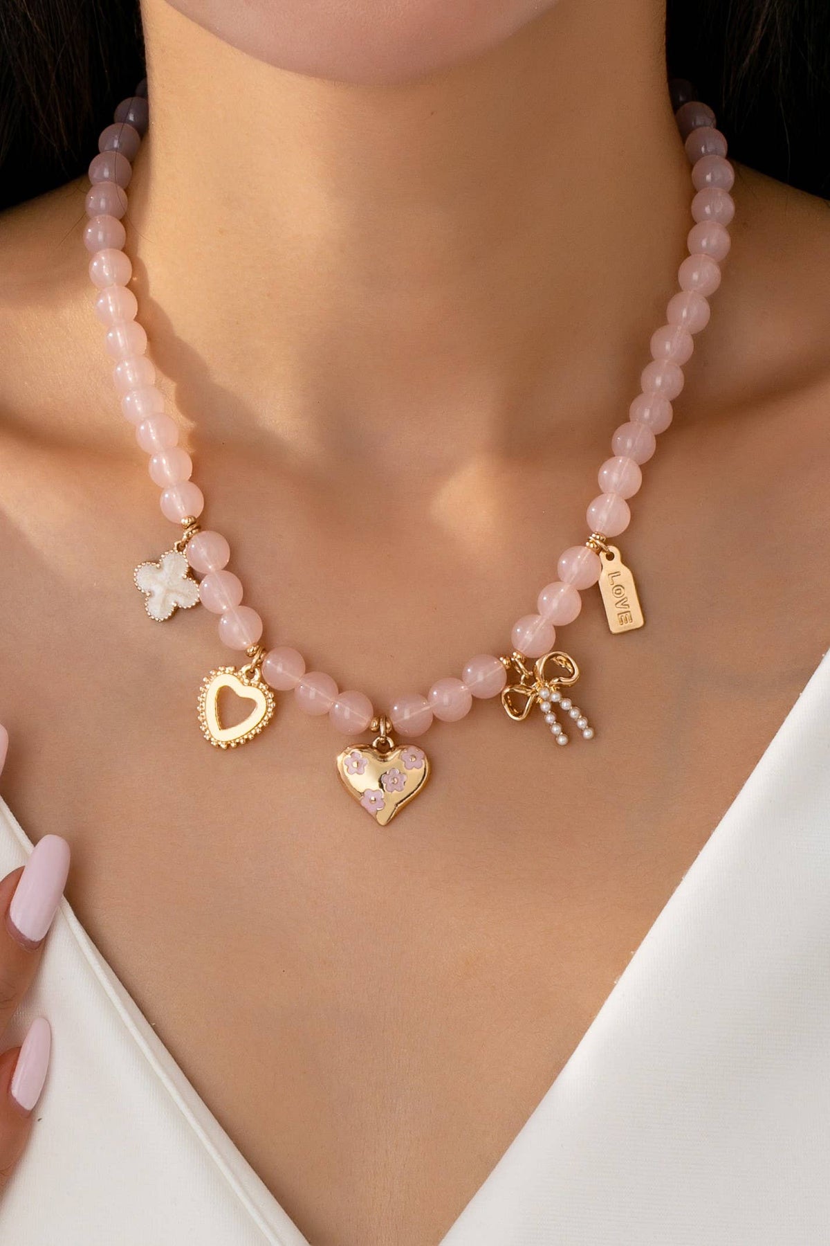 Blushing Hearts Beaded Charm Necklace