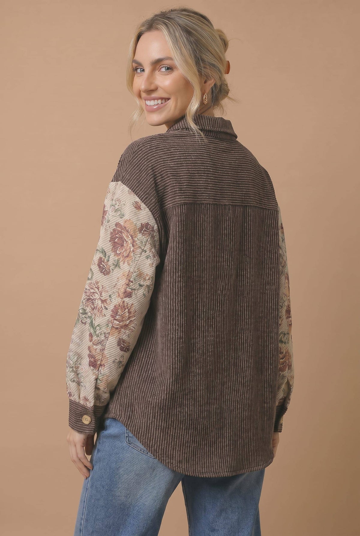 Vintage Floral Color Block Ribbed Button-Down Shacket