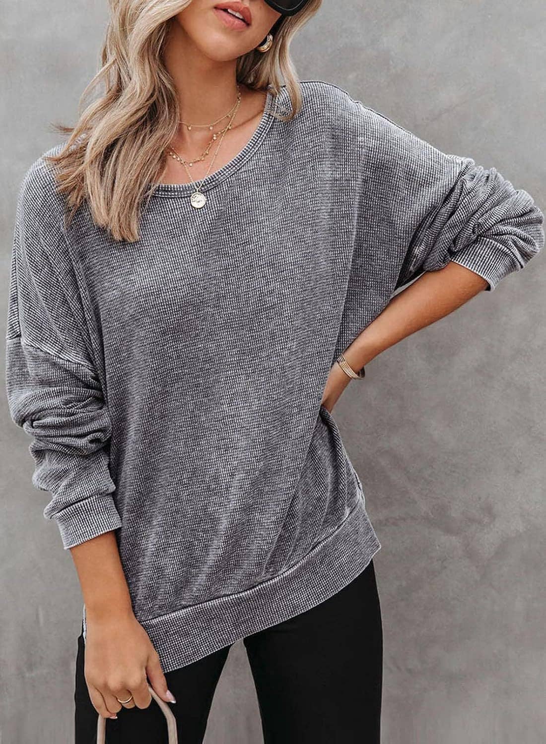 Solid Waffle Top Casual Oversized Drop Shoulder Pullover