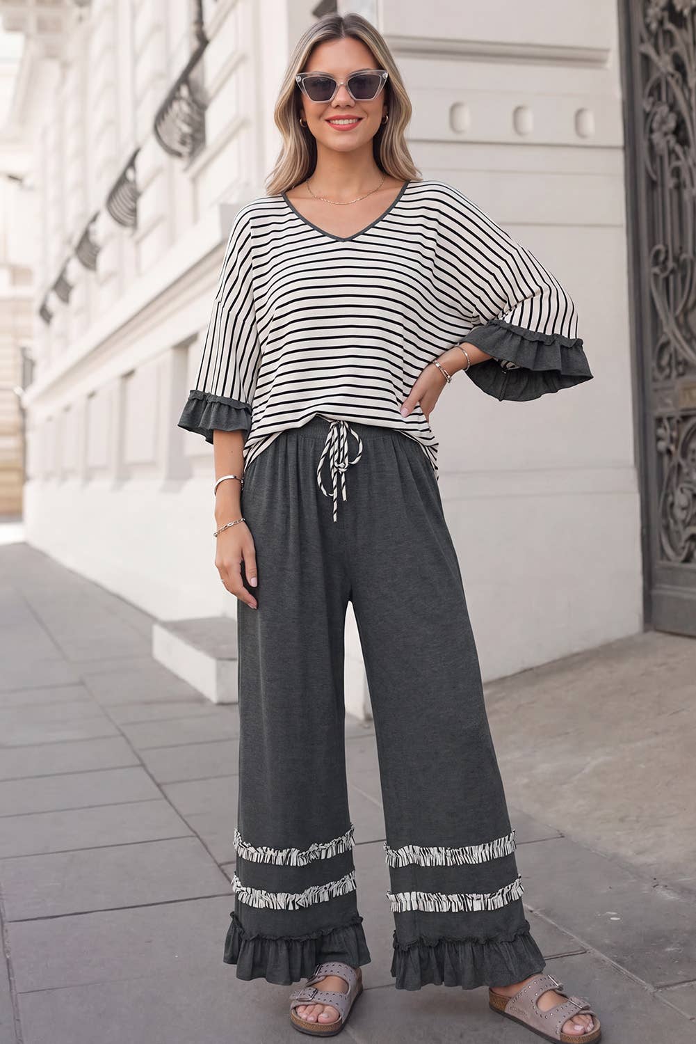 Ruffle & Stripe Wide Leg Pant Set
