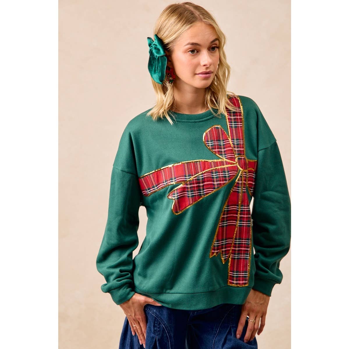 Christmas Plaid Bow Oversized Fleece Sweatshirt