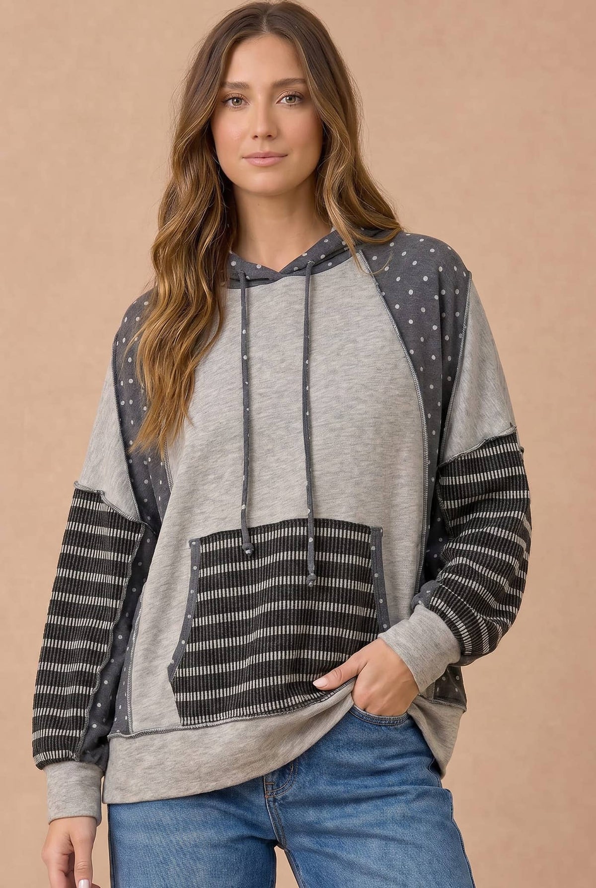 Polka Dot Patchwork French Terry Hoodie