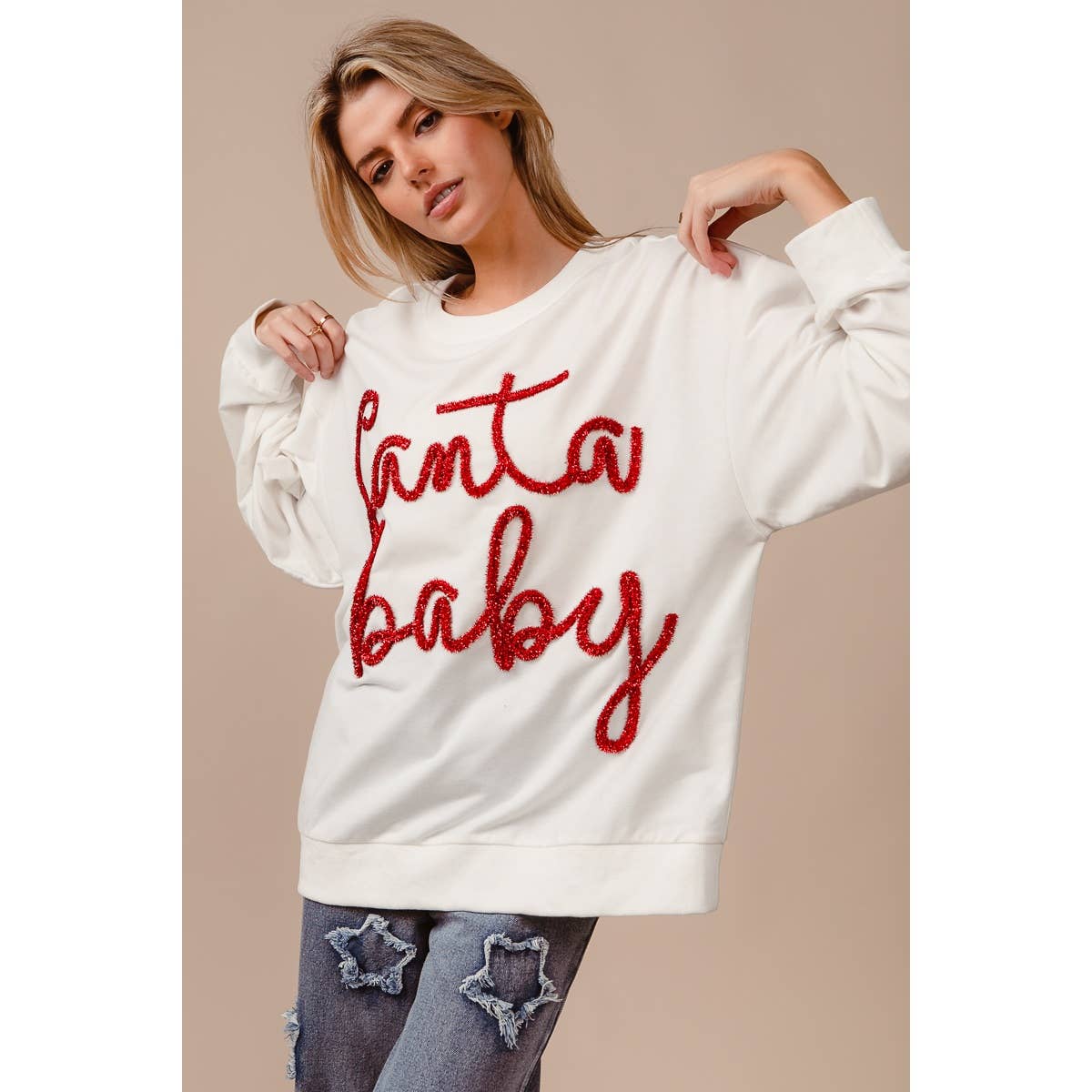 Santa Baby Tinsel Lettering Oversized Christmas Sweatshirt