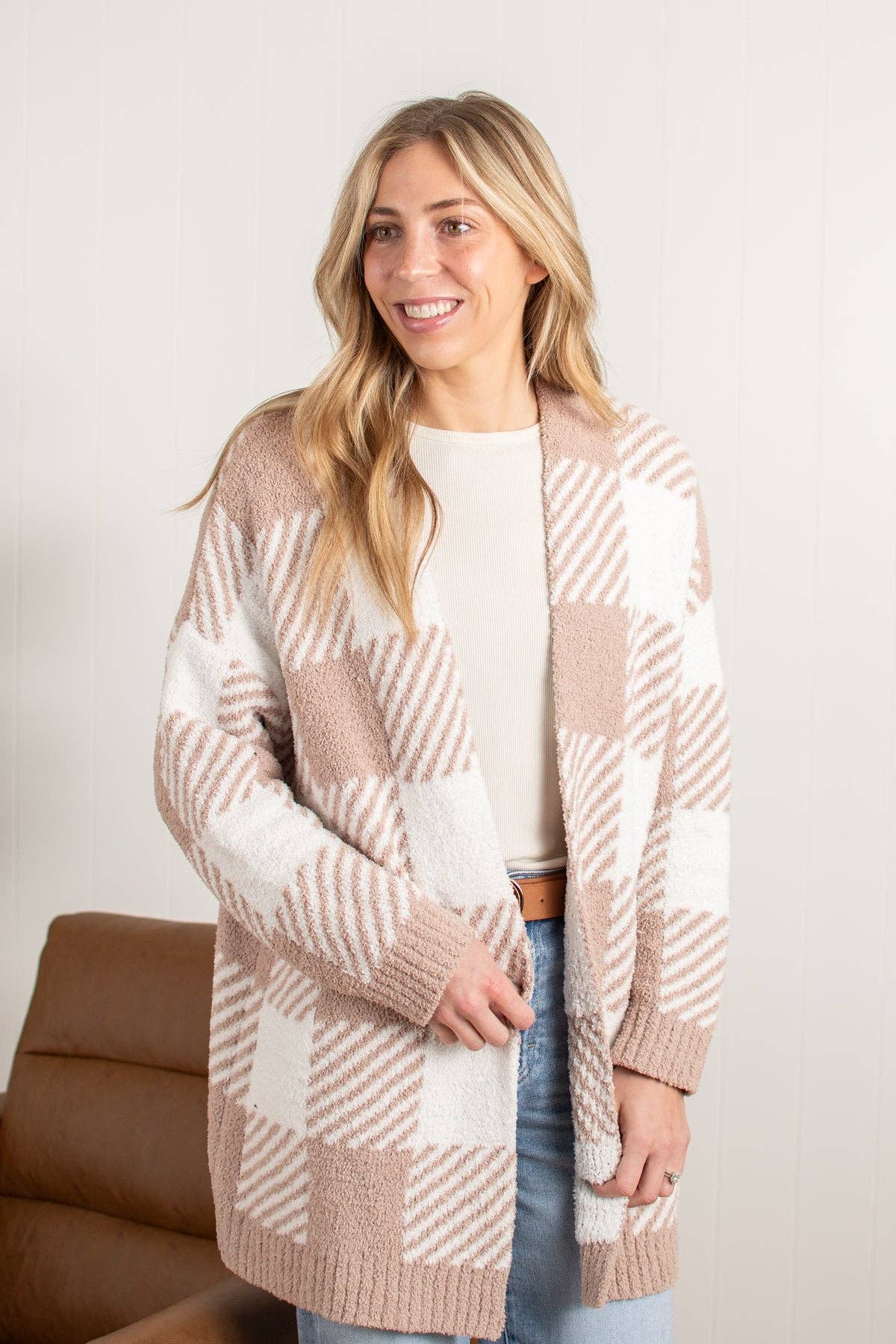 Cozy Plaid Open-Front Cardigan