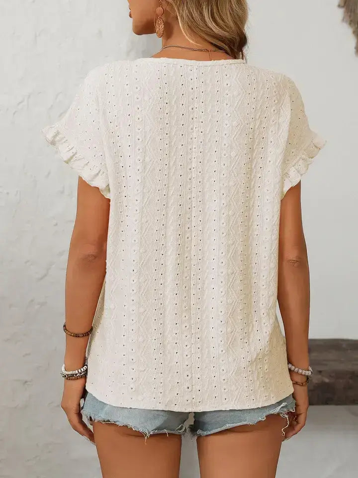 Light Blue Hollow-Out Crewneck Short Sleeve Summer Top