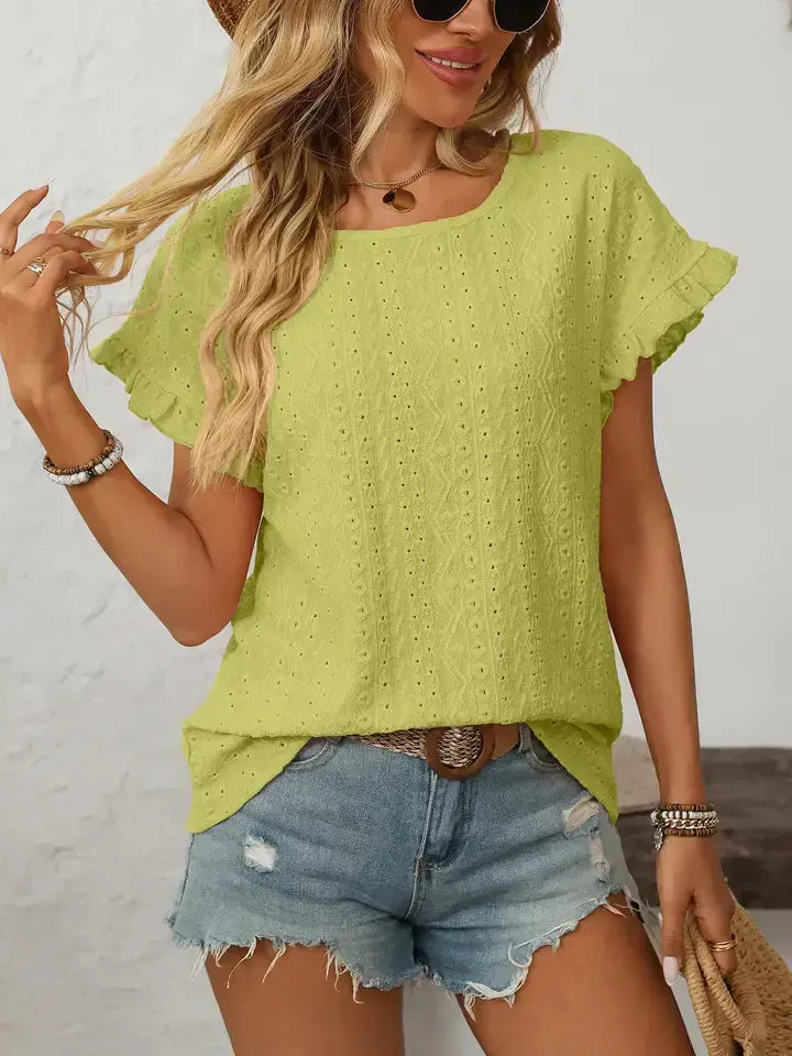 Light Blue Hollow-Out Crewneck Short Sleeve Summer Top