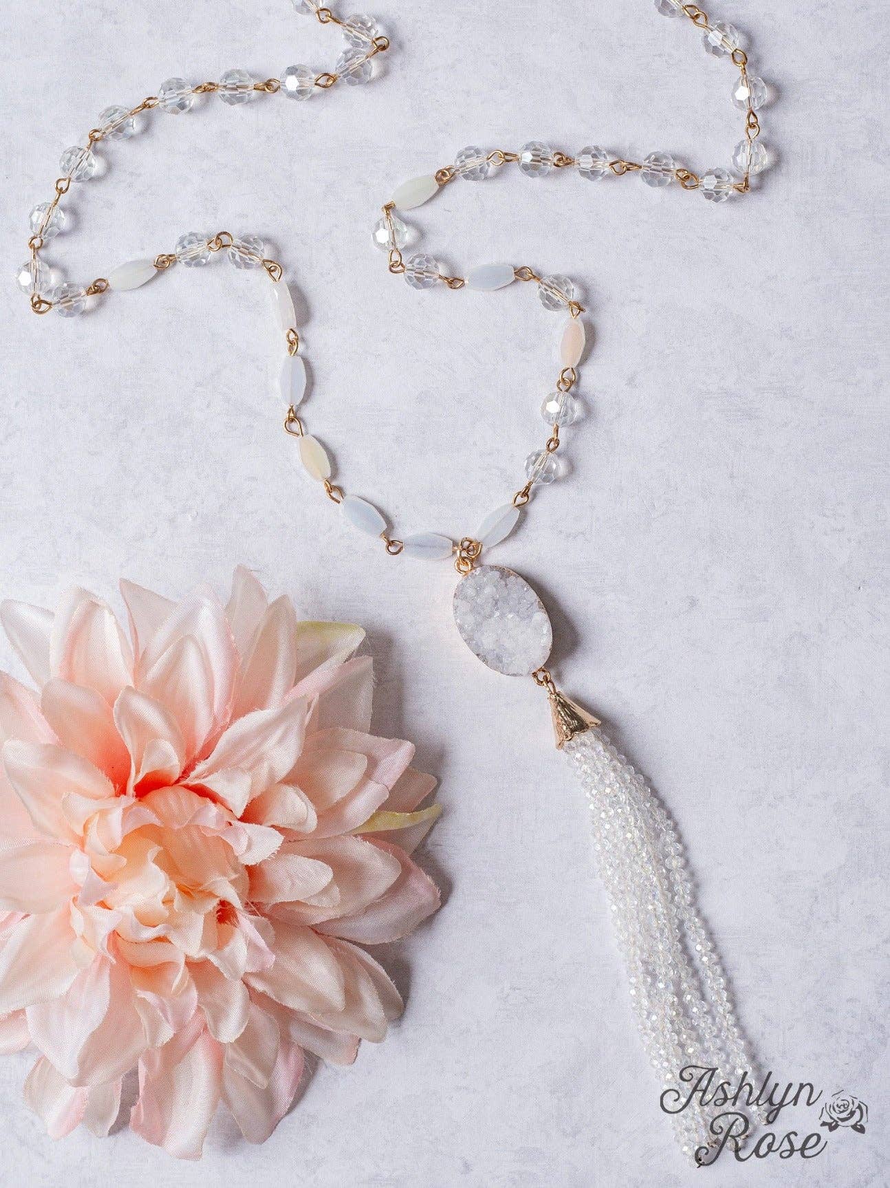 Glamour's Always White Druzy Stone Pendant & Clear Beaded Tassel Necklace