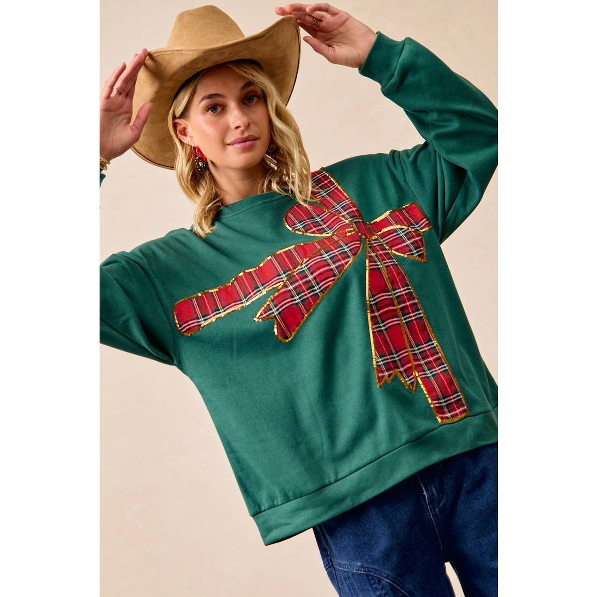Christmas Plaid Bow Oversized Fleece Sweatshirt