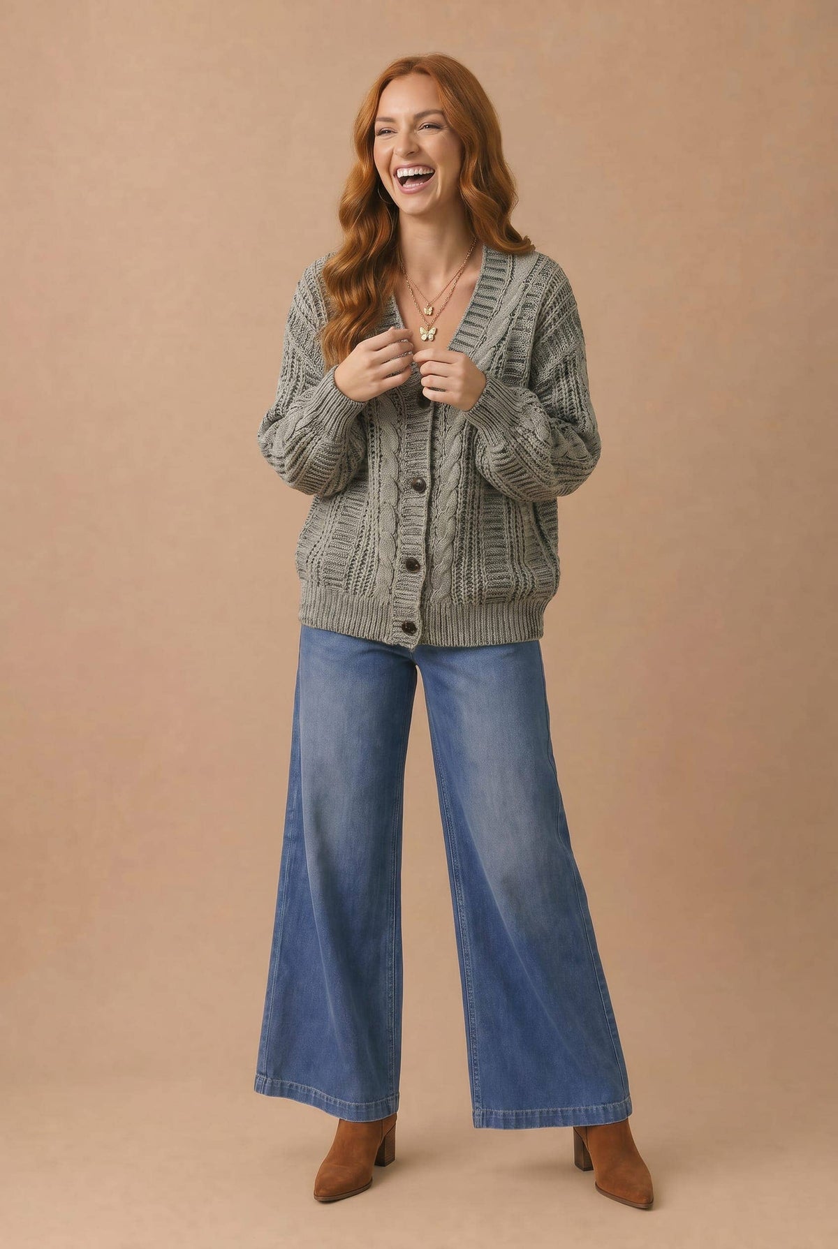 Two-Tone Chunky Cable Knit Button-Down Cardigan