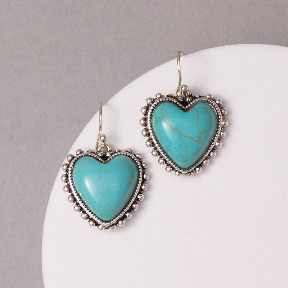 Western Concho Heart Earrings – Turquoise or Crystal Silver Dangle Earrings
