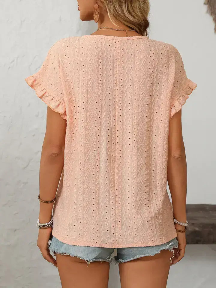 Light Blue Hollow-Out Crewneck Short Sleeve Summer Top