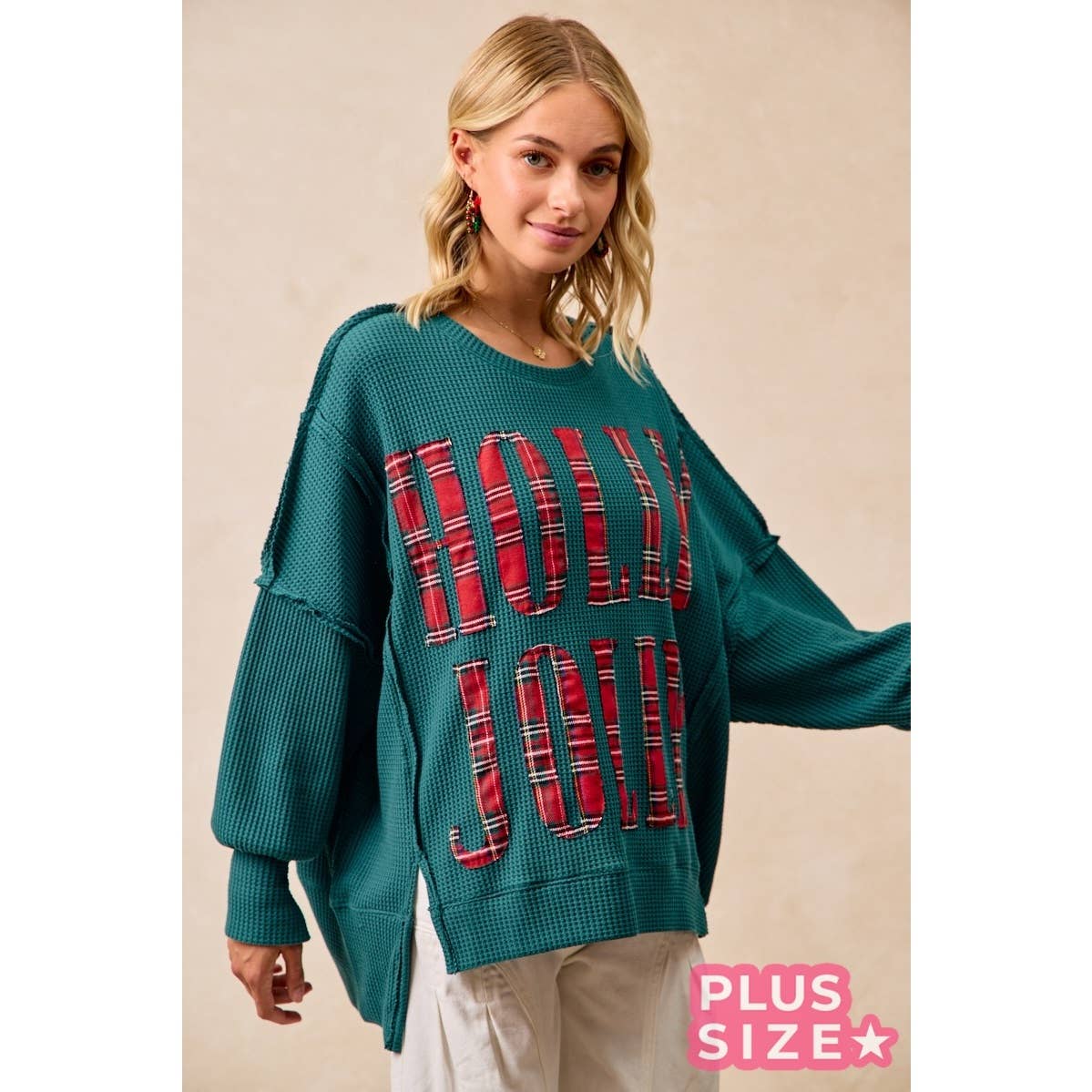Holly Jolly Plaid Oversized Waffle Knit Christmas Sweatshirt