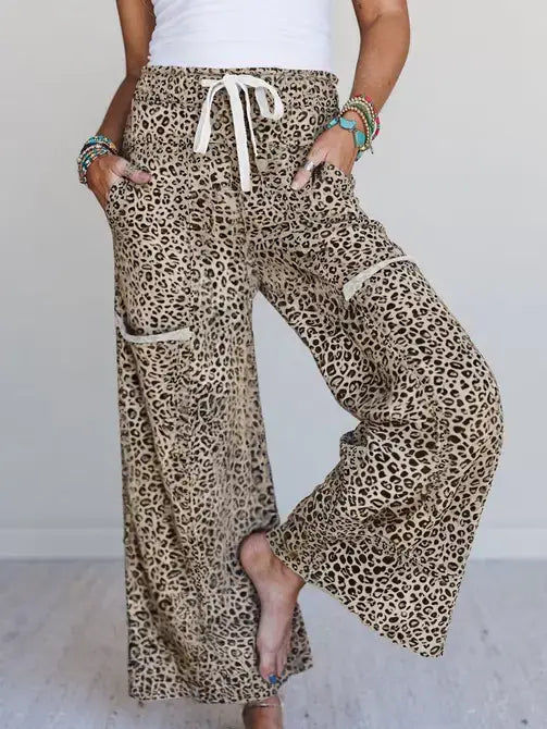 Leopard Animal Print Wide Leg Terry Knit Pants