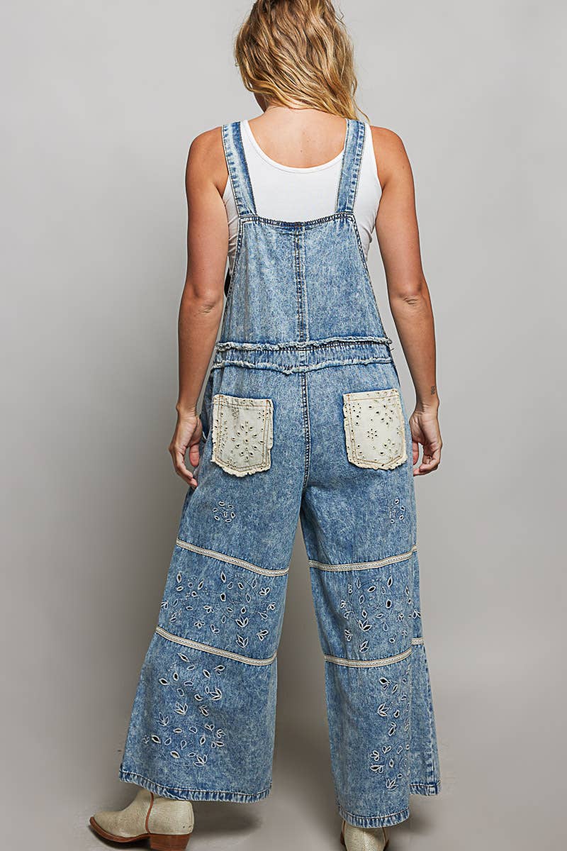Laser-Cut Trim Accent Twill Denim Wide Leg Overalls