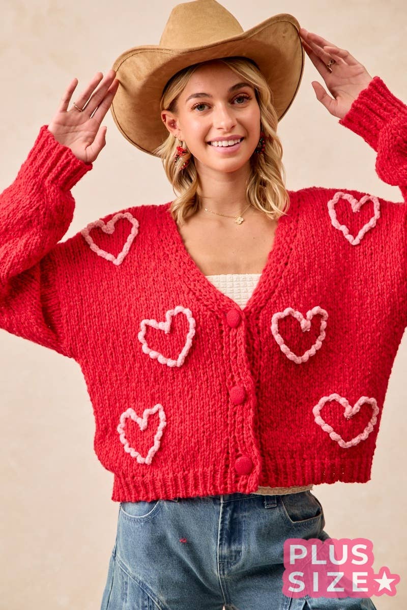 Heart Print Pom Pom Knit Cardigan