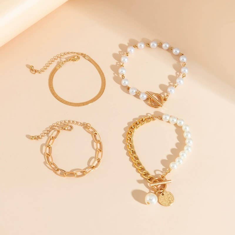 Pearls & Gold Mixed Chain Bracelet Stack