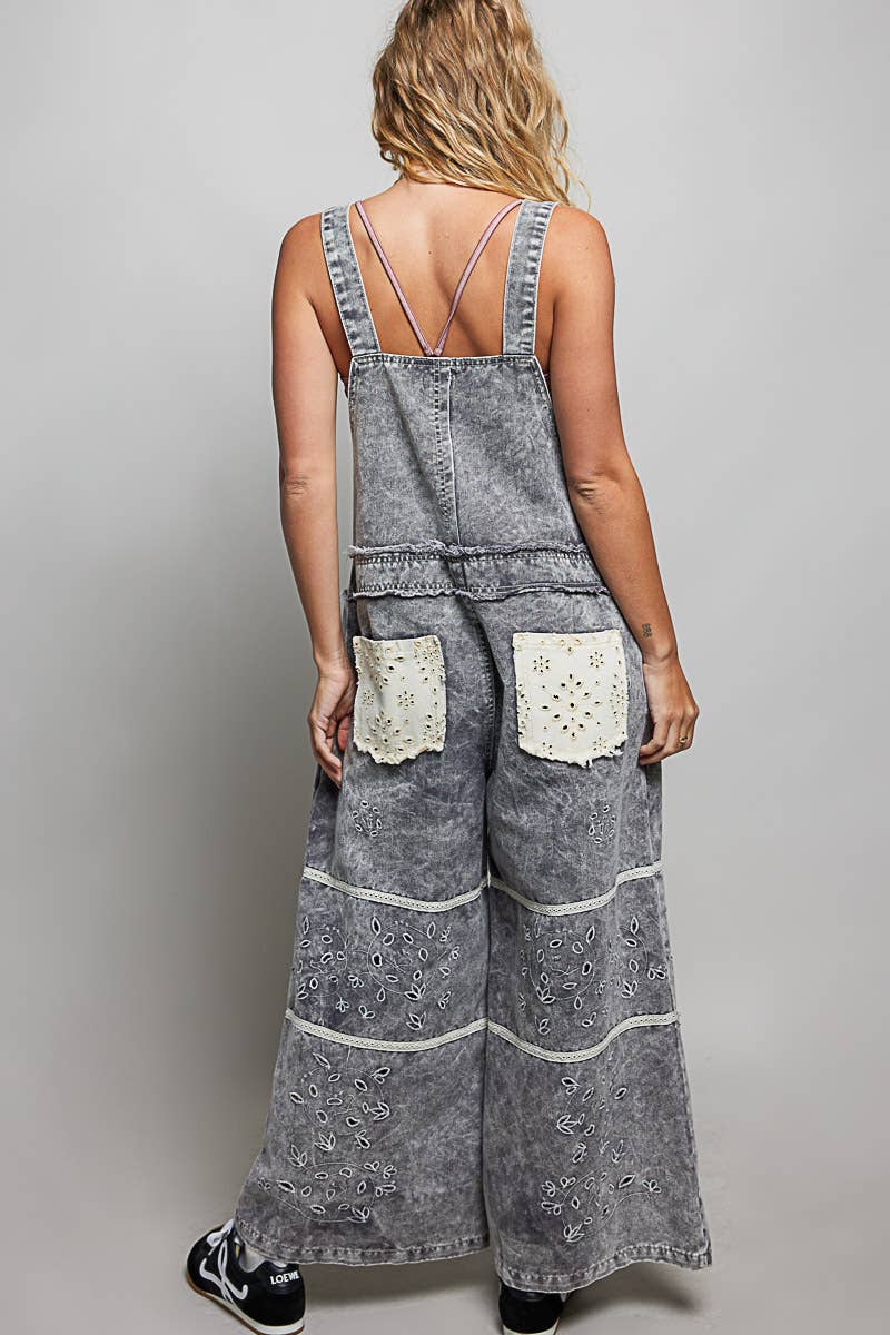 Laser-Cut Trim Accent Twill Denim Wide Leg Overalls