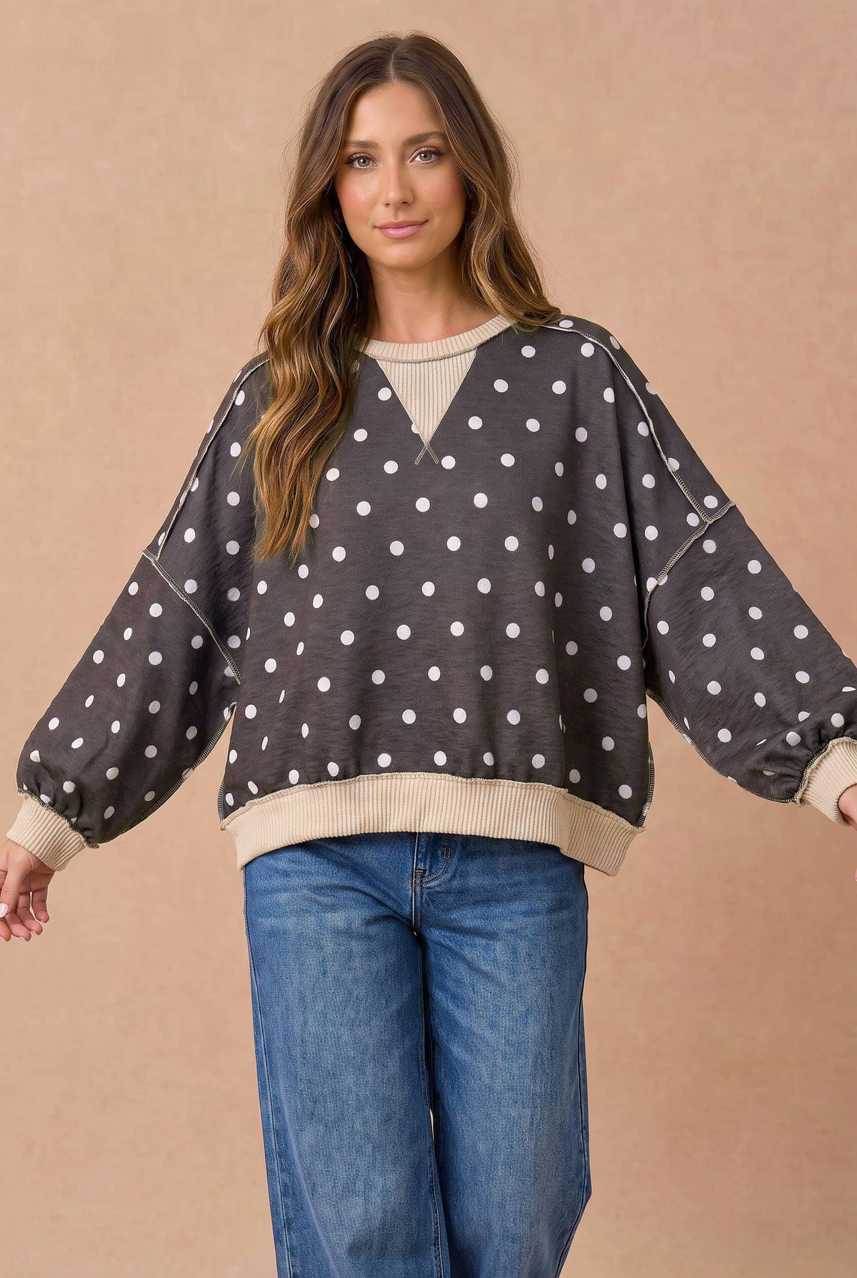 Charcoal Polka Dot Contrast Pullover