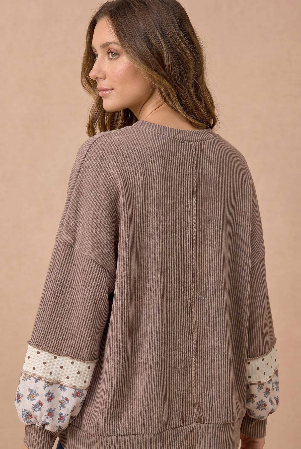 Vintage Floral & Polka Dot Mixed Knit Sweater – Mocha