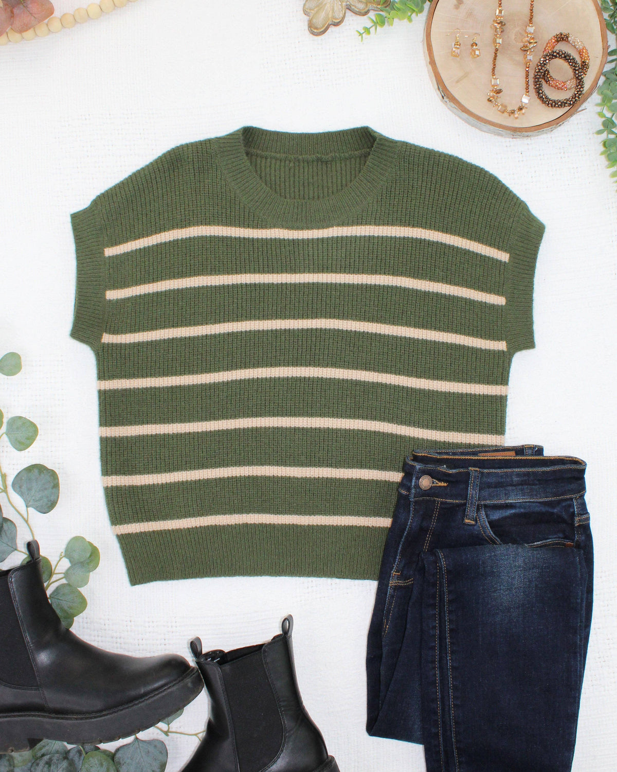 Olive & Oatmeal Striped Sweater Top