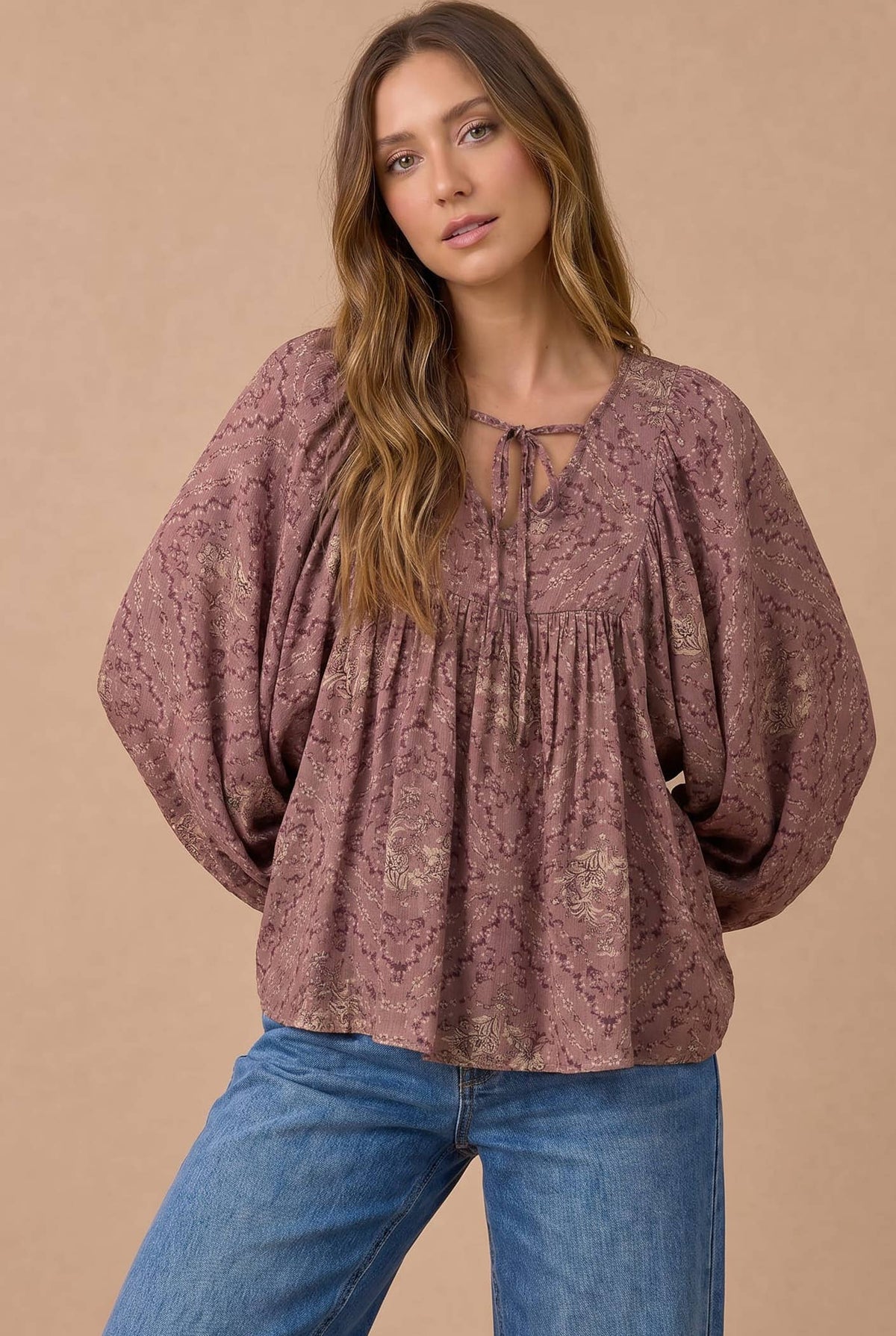 Mauve Floral Boho Peasant Blouse