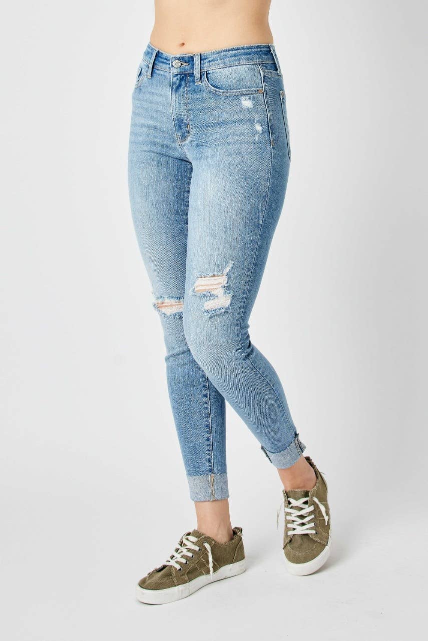 Judy Blue Mid-Rise Destroyed Skinny Jeans – Medium Wash Cuffed Ankle Denim