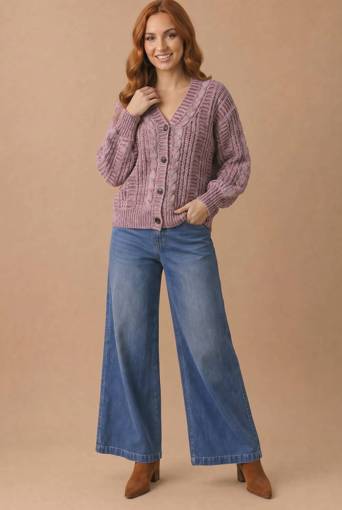 Two-Tone Chunky Cable Knit Button-Down Cardigan